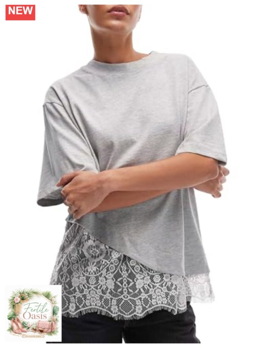 Lace Patchwork Cotton T-Shirt Short Sleeve Crew Neck Loose Fit Casual Top